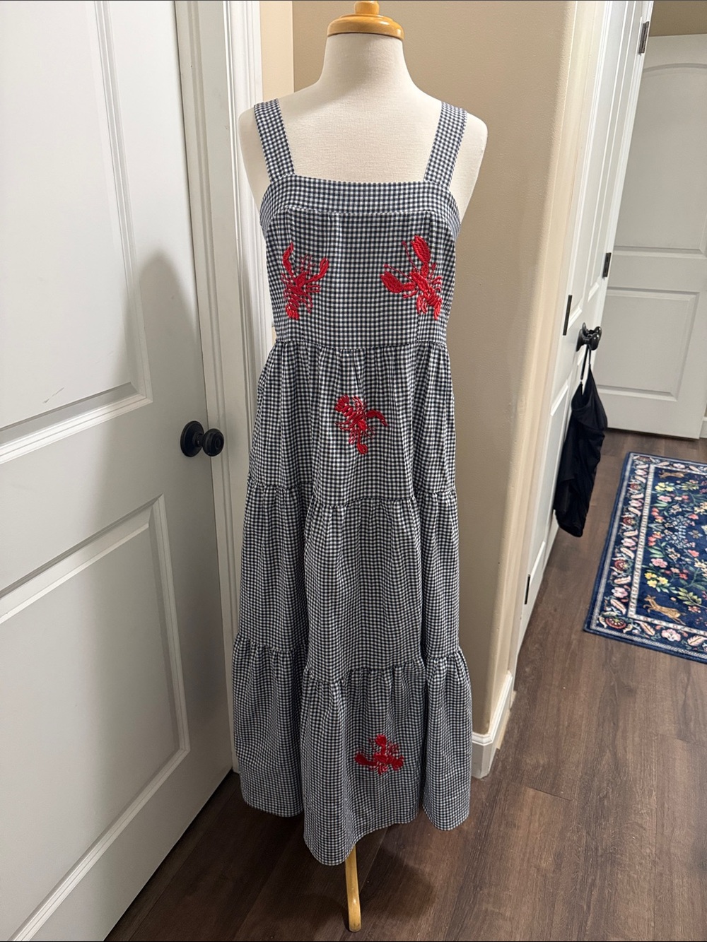 Blue and White Gingham Maxi Dress with Red Embroidery nantucket weekend dress - Picture 1 of 5